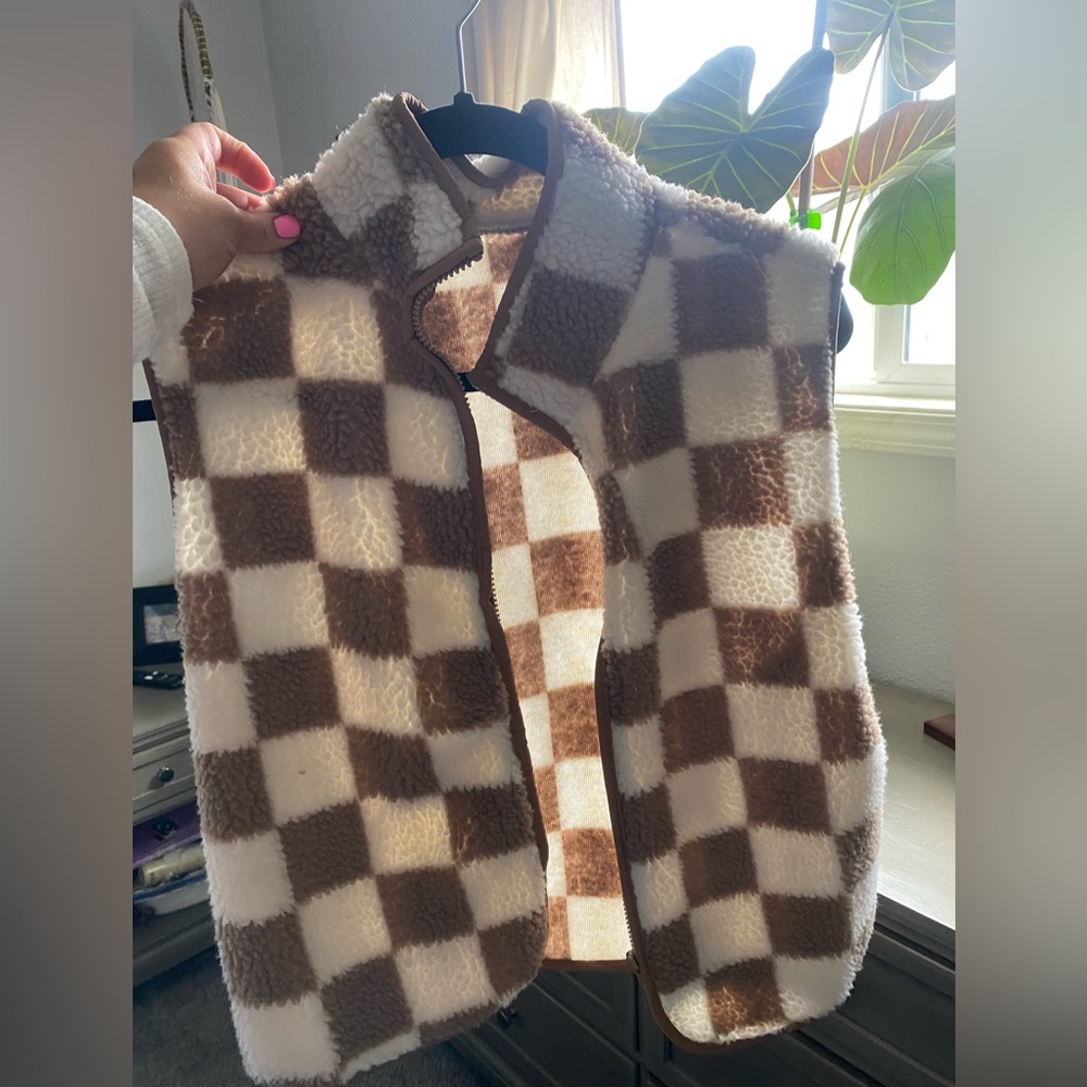 Brown and White Checkered Fleece Vest
